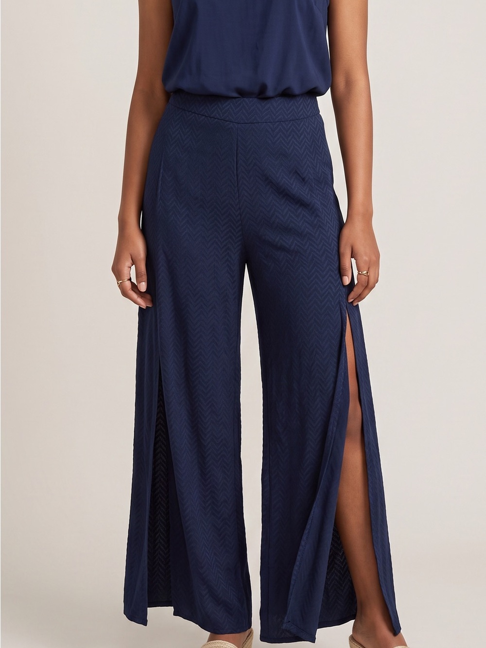 The room open slit wide leg navy palazzo pants coastal resortwear vacation